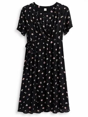 Gap Maternity Dress Size S Faux Wrap Floral Black Midi Short Sleeve